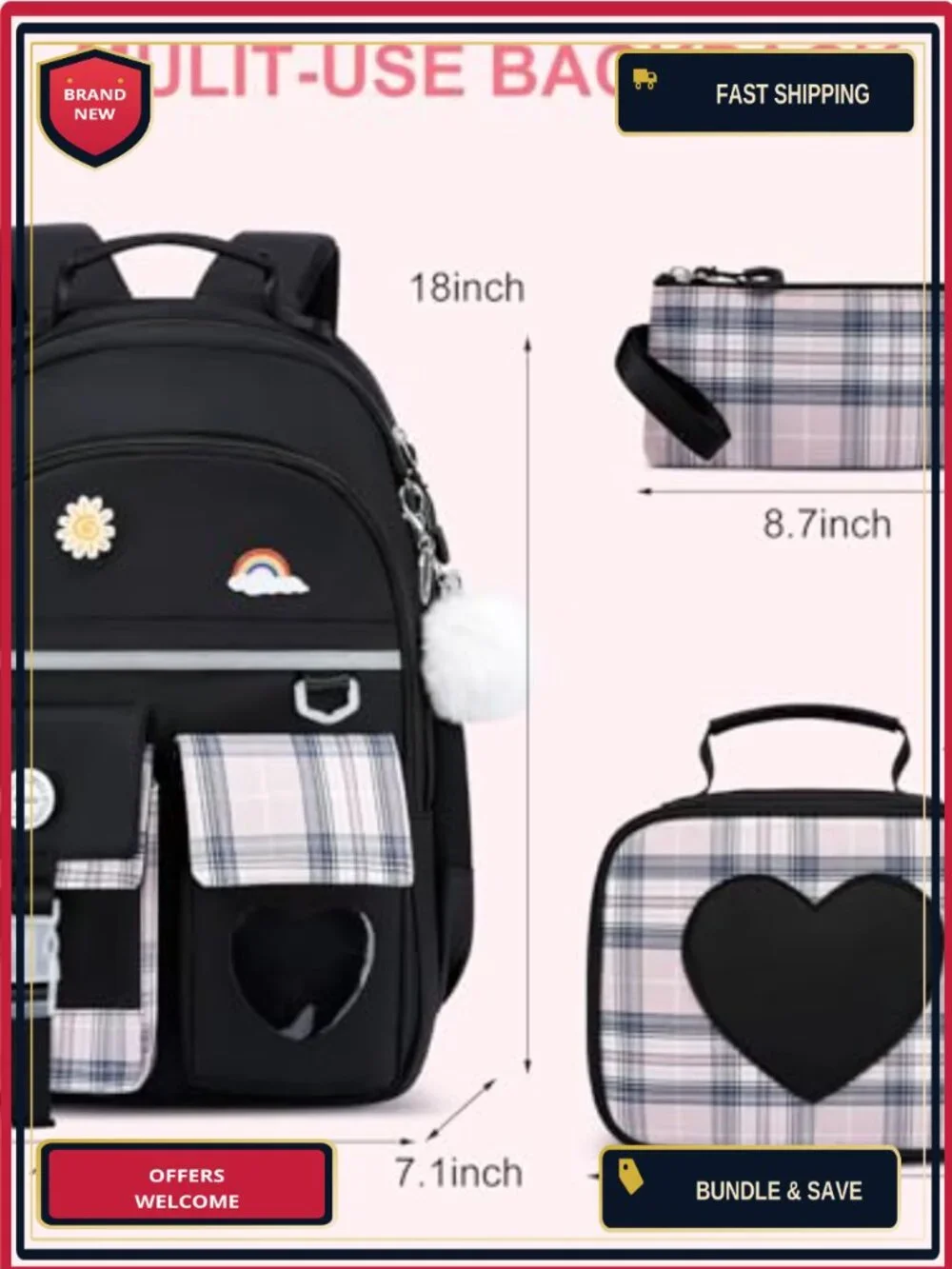 Kids Backpack with Lunch Bag & Pencil Case, 15 Inch Laptop Sleeve, Water
